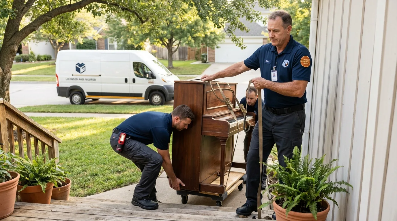 Licensed piano movers securing grand piano in Willits, CA