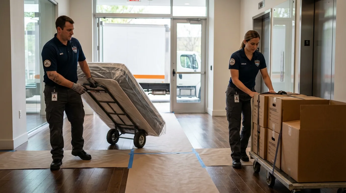 Professional apartment movers loading elevator in Willits, CA