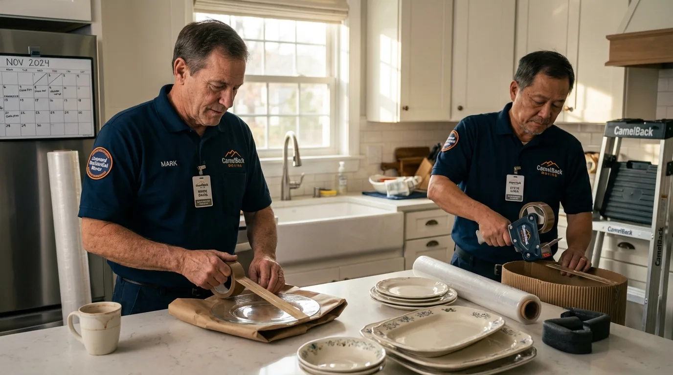 Professional crew packing kitchen dishware in Willits, CA
